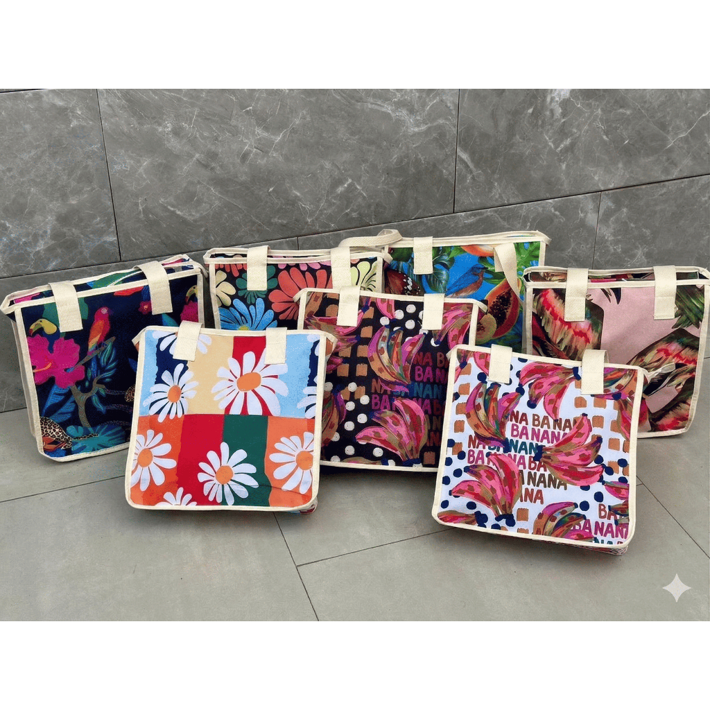 Bolsa Feminina Colorida Estampada Sacola Praia Feira Alça Branca Ecológica Forro Preto Estampada