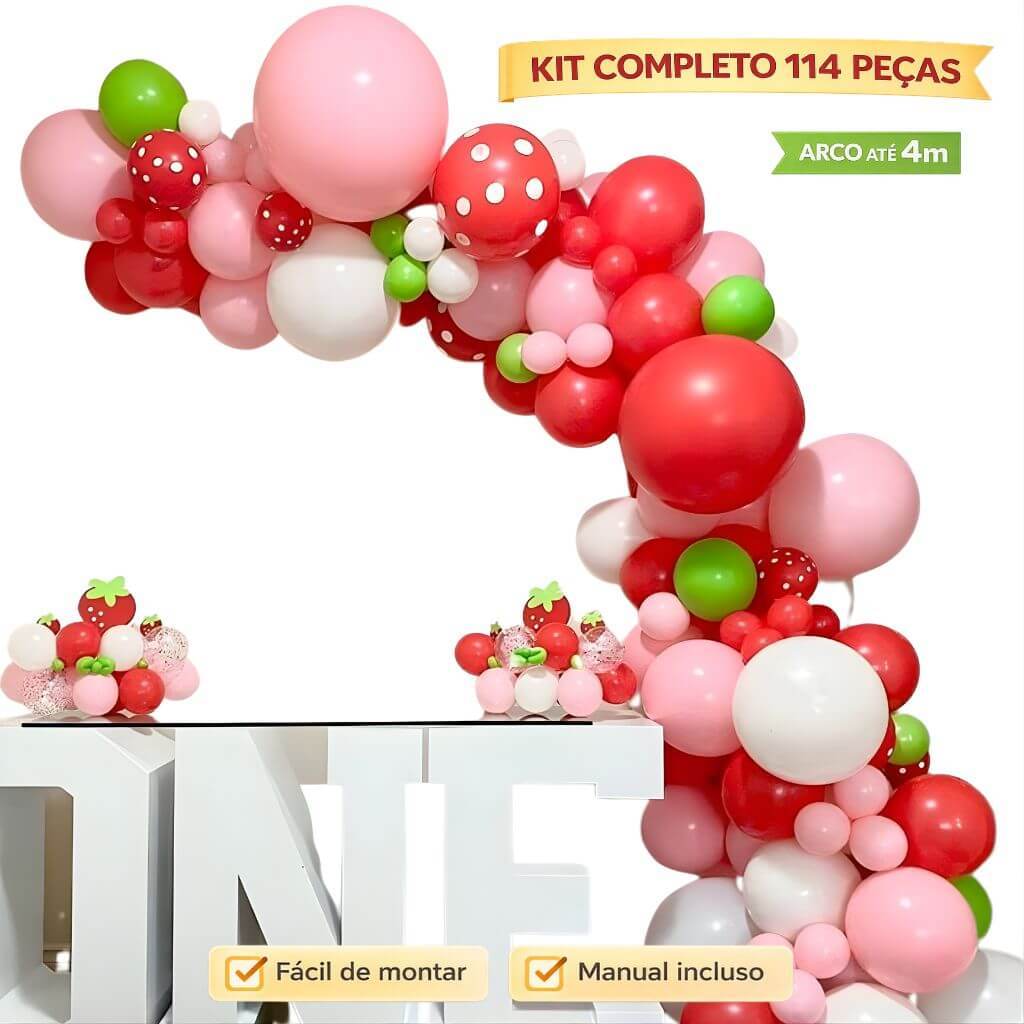 Arco Desconstruído Balões Tema Moranguinho – Vermelho e Rosa para Festa Infantil