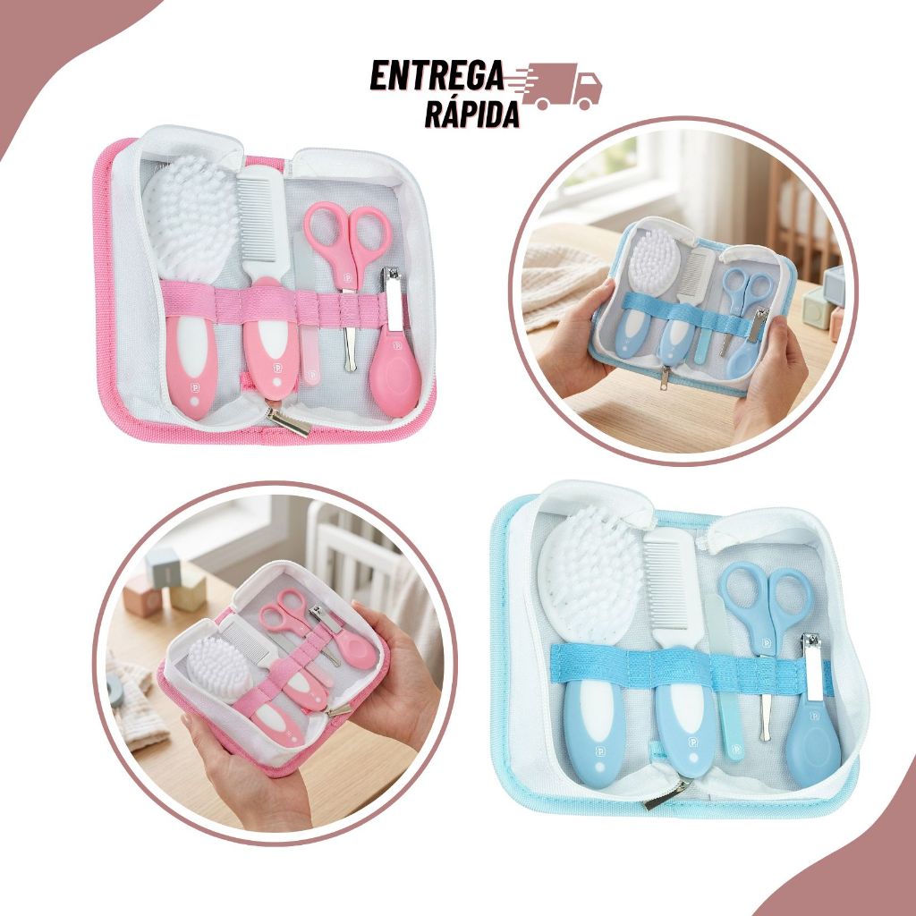 Kit Completo Com Estojo Higiene Bebê Pimpolho 5 Itens para  Cuidados  Bebê Recém-Nascido Rosa/Azul