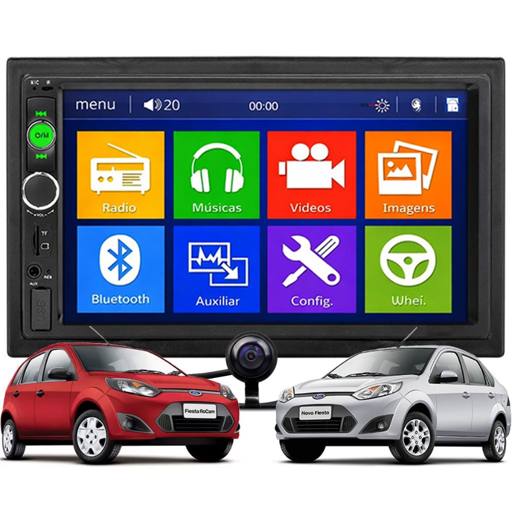 Kit Central Multimídia 7 Polegadas Ford Fiesta Hatch Sedan 2005 a 2011 Com Câmera Ré Bluetooth