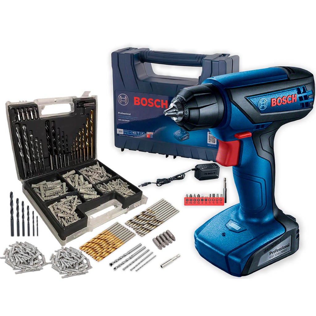 Parafusadeira 12v Sem Fio Gsr 1000 Bosch + Kit 300 Peças Buchas E Brocas