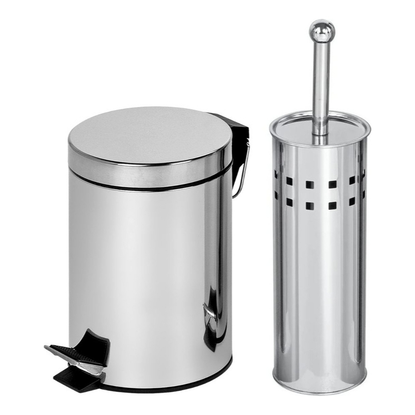 Kit Lixeira Inox 5 litros e Escova Sanitária Prata Banheiro ou Escritório Luxo Prata com Pedal 5l