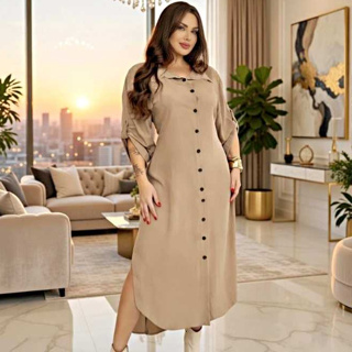 Vestido Femenino Chemise Longo Elegante Plus Size Con Botões, Manga Ajustable,3/4,Tecido Viscolinho em Oferta na Shopee