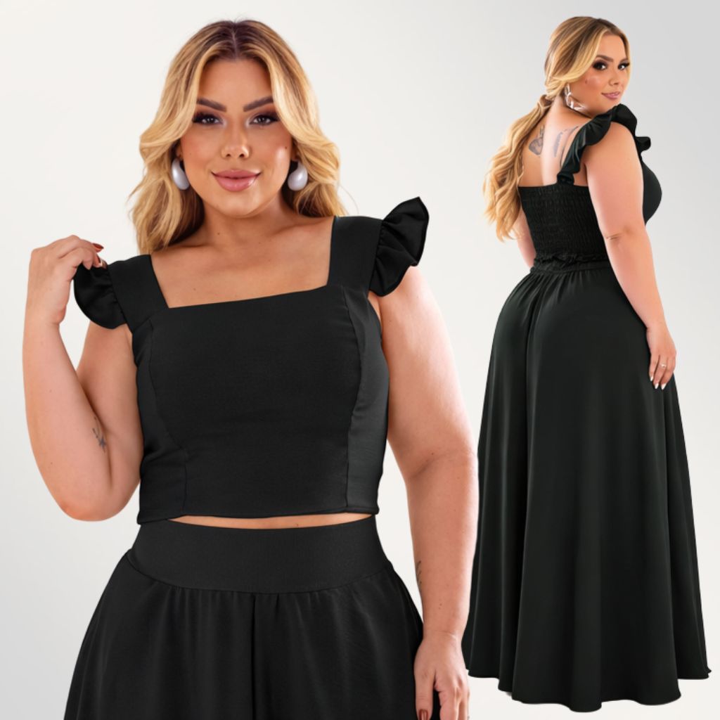Conjunto Cropped e Saia Longa Godê Plus Size no Crepe Dunas Alça Babado Varias Cores em Oferta na Shopee