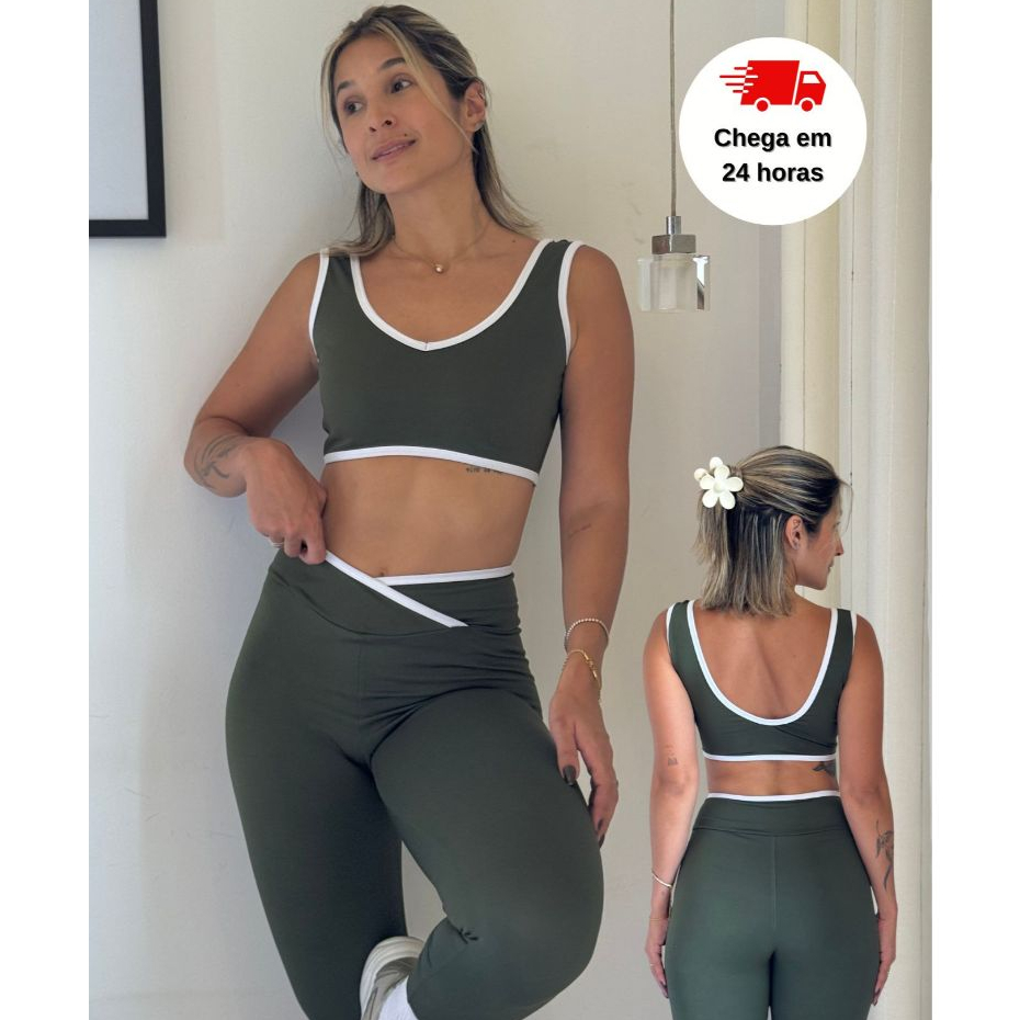 Conjunto Fitness Academia Feminino Bicolor Calça Legging + Top Esporte Viés em Oferta na Shopee