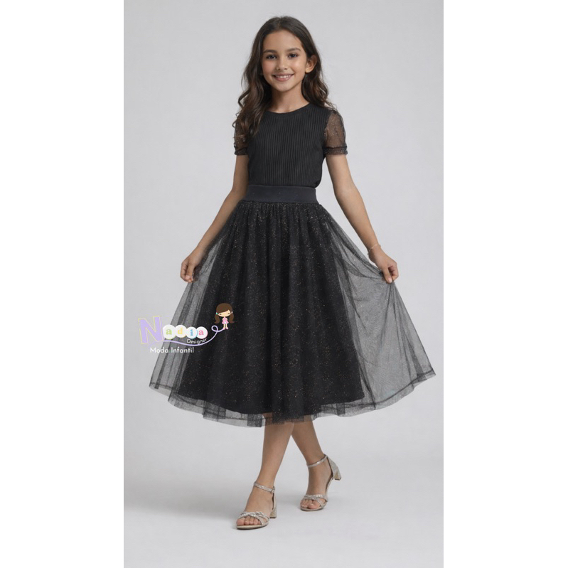 Saia Infantil Preta de Tule com Glitter – Moda Evangélica – 6 a 14 Anos em Oferta na Shopee
