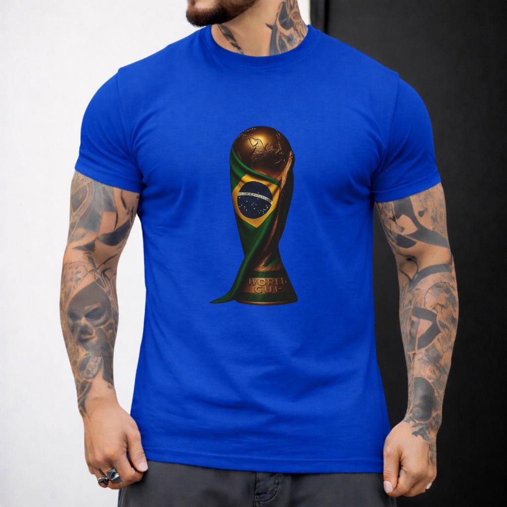 Camiseta Masculina Brasil Copa do Mundo Troféu Futebol Estampa Patriota Camisa Torcedor