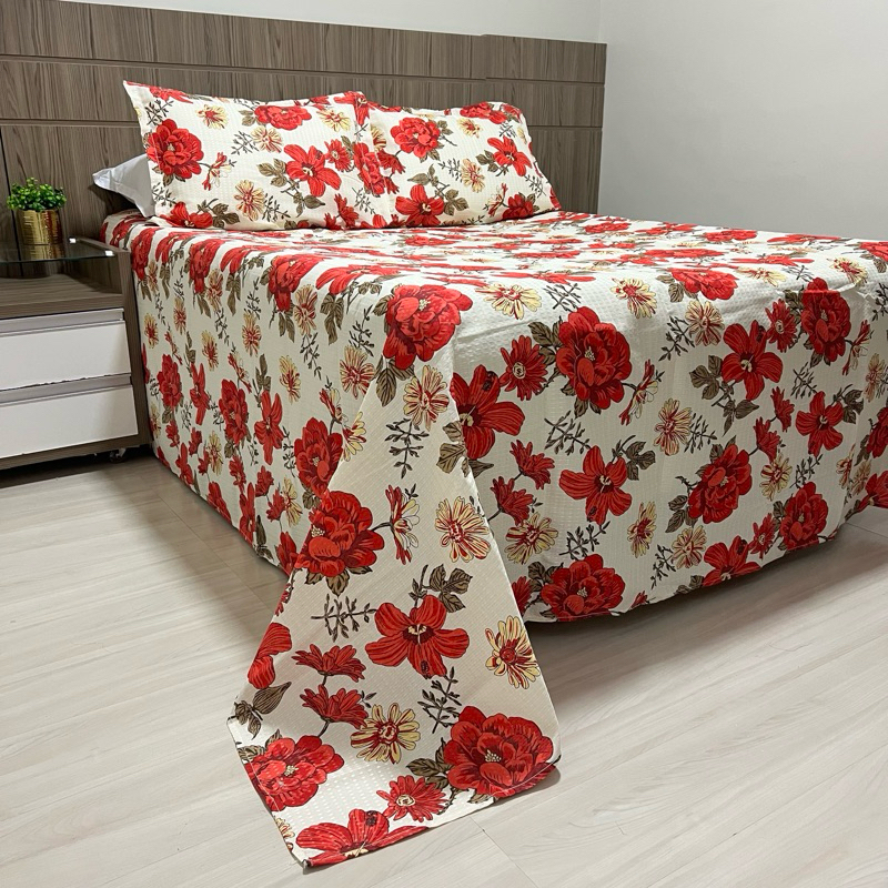 colcha de cama casal queen cobre leito acompanha 2 porta travesseiros tecido Piquet algodão