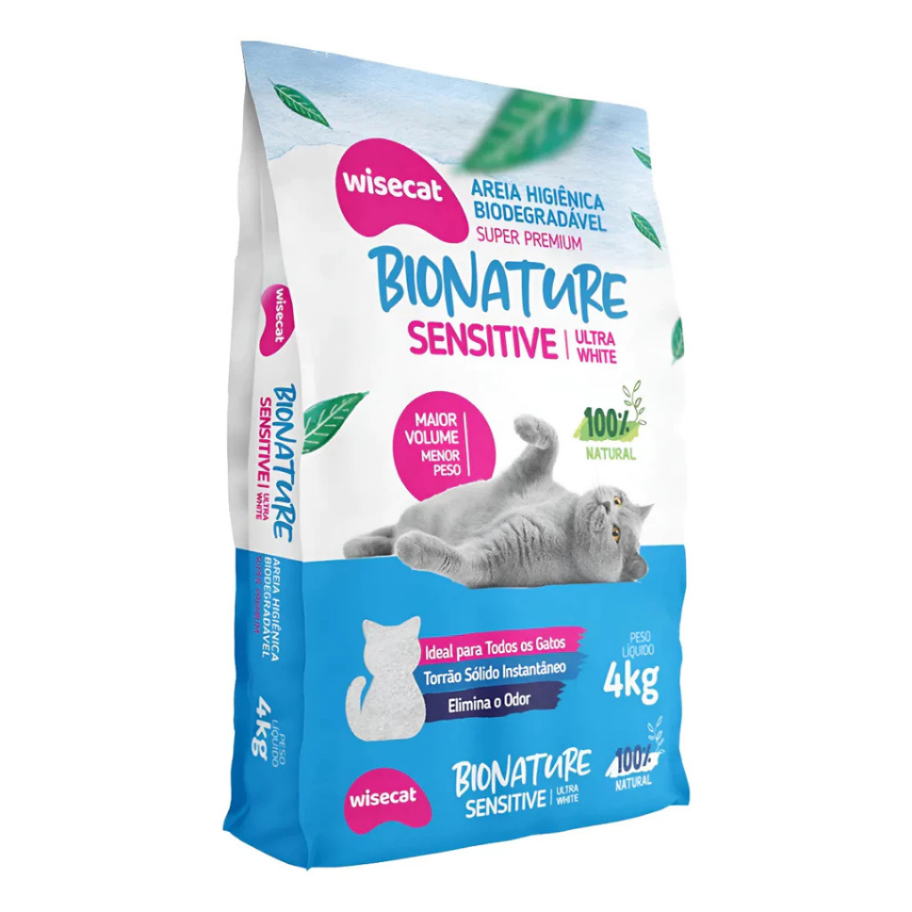 Areia Higiênica para Gatos Bionature Sensitive 2/4/10kg – 100% Natural, Ultra Branca, Elimina Odores