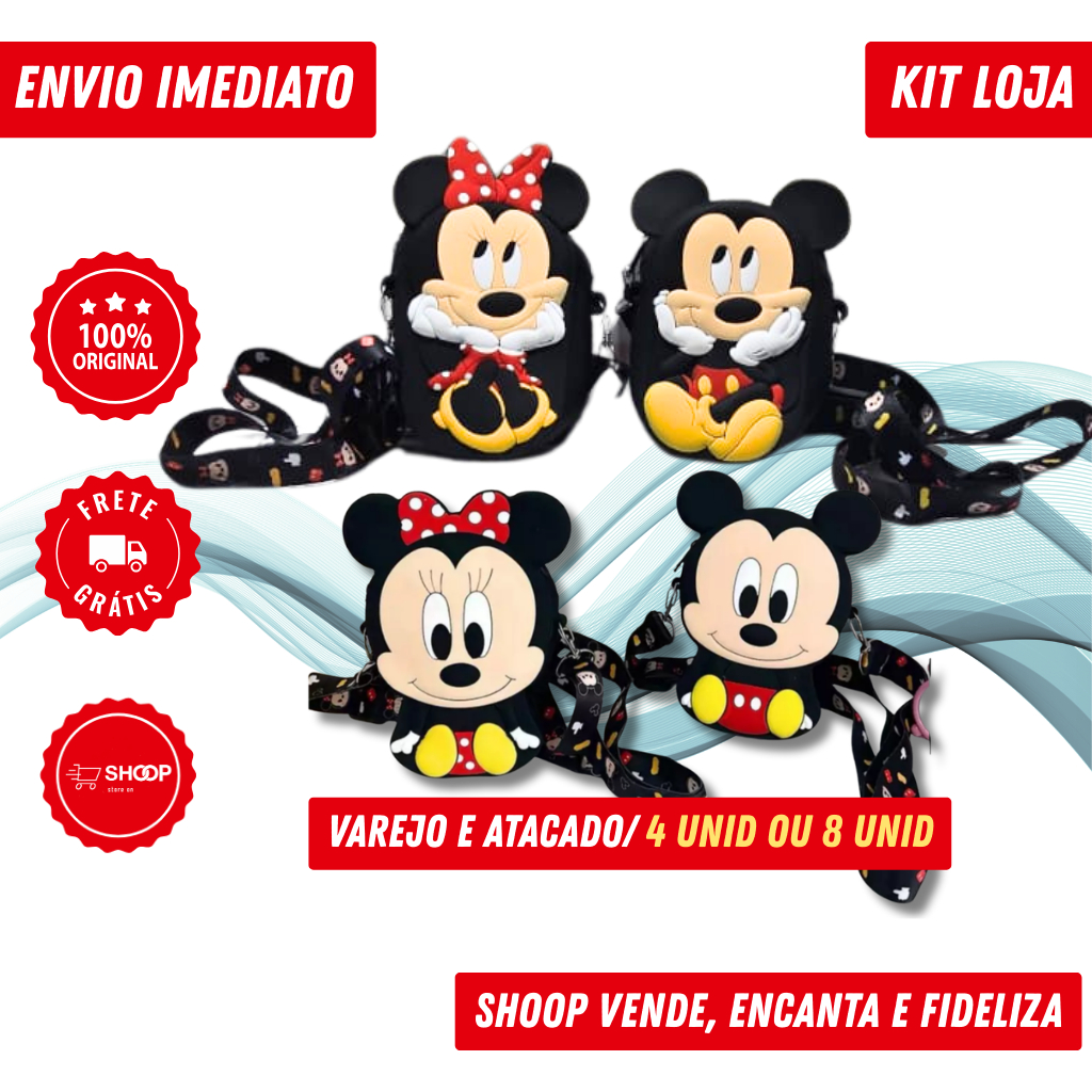 Loja - Bolsa Infantil Mickey e Minnie | Alça Silicone Transversal | 4 ou 8 Unidades