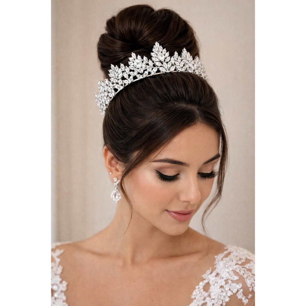 Tiara Porta Coque Coroa Zircônia Prata Prateado Para Penteado Noiva Casamento Festa de 15 Anos