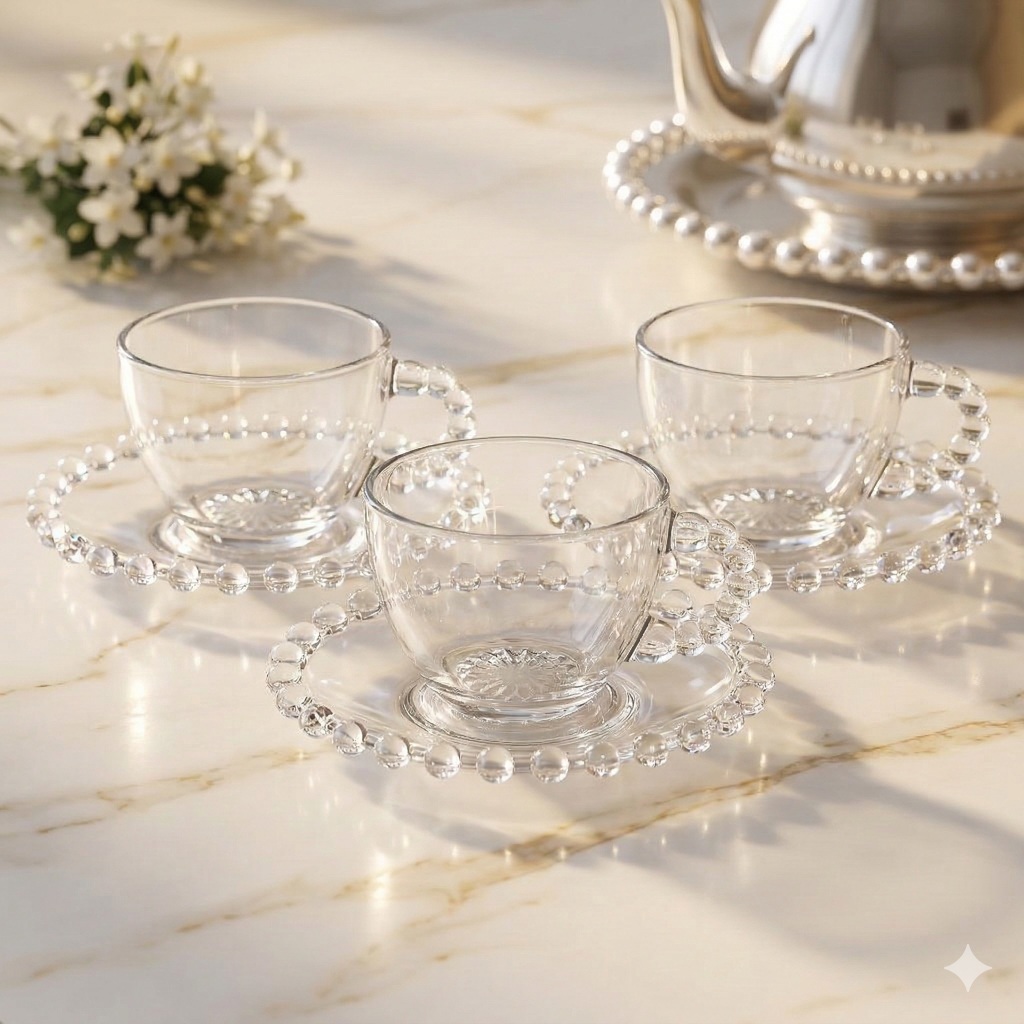 Jogo De Xícaras E Pires Em Vidro Transparente 12 Peças Para Café 100ml Pearl Pérola