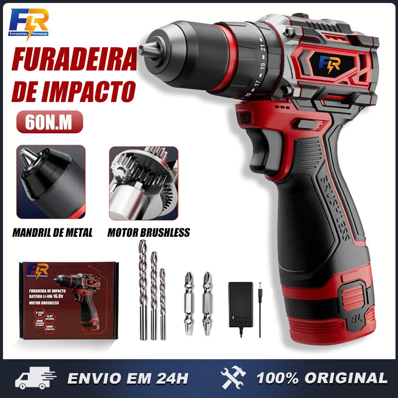 Furadeira Parafusadeira de Impacto 16.8V Profissional Brushless 60Nm 2 Baterias com 2 Bits 3 Brocas em Oferta na Shopee