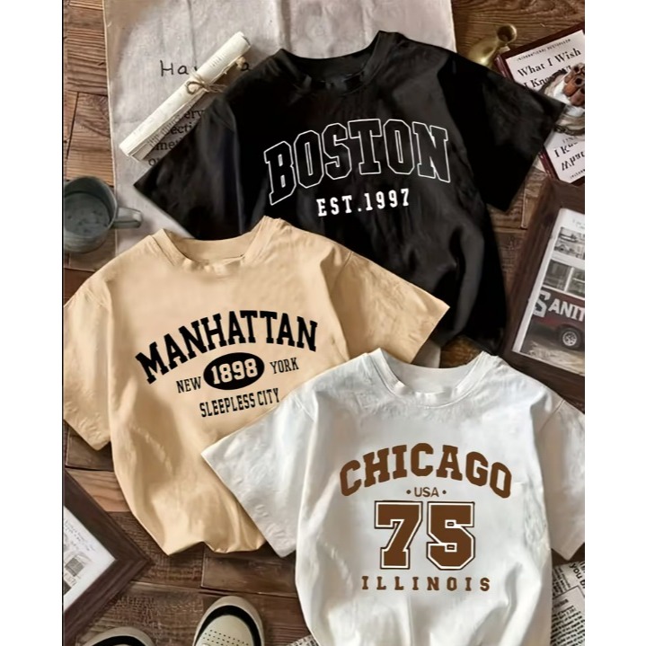 Kit 3 Camisas Feminina Básica Estampadas Estilo Grinca Chicago Boston Manhattan Camiseta Manga Curta Gola Redonda Verão