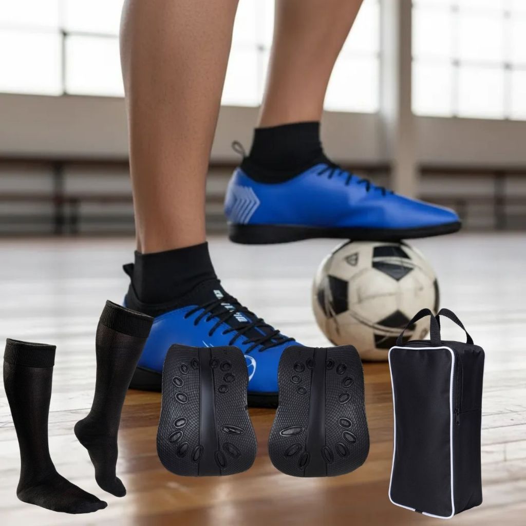 Chuteira Futsal Estilosa Quadra Meia Botinha + Meião Caneleira Porta Chuteira Resistente Conforto