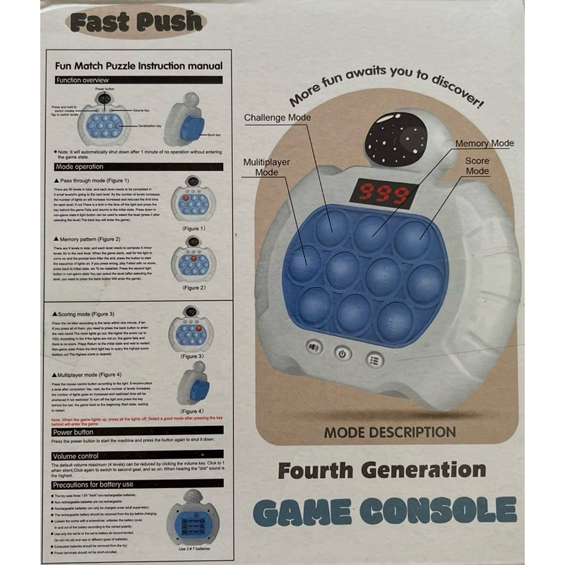 Brinquedo Fast Push Game Console Pop It Eletrônico com Luz e Som – Jogo Interativo Infantil