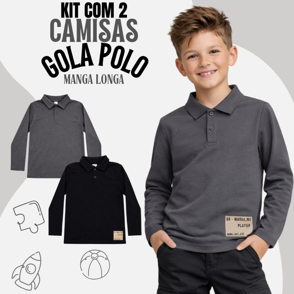 Kit Com 2 Camisas Gola Polo Menino  Manga Longa 100% Algodão Premium – Inverno