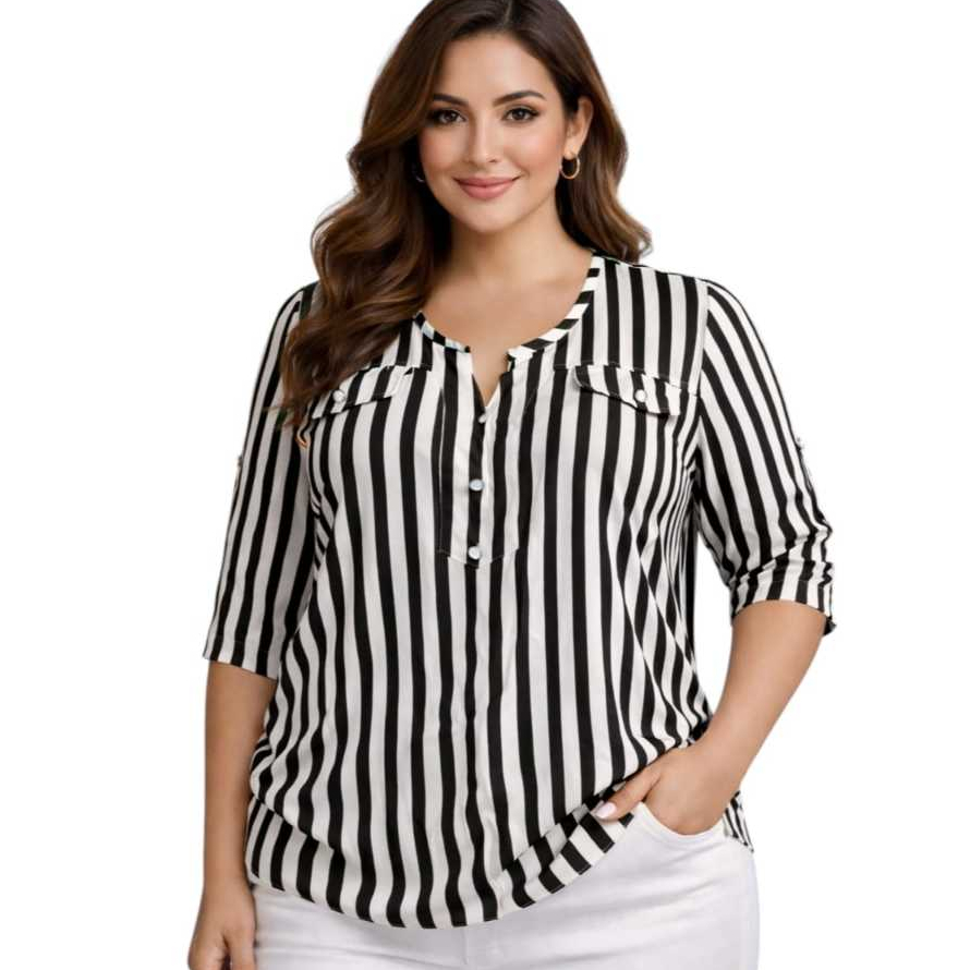 PLUS SIZE CAMISA SOCIAL FEMININA MANGA 3/4 VISCOLINHO LISTRADO ELEGANTE em Oferta na Shopee