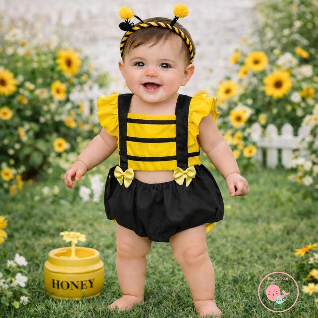 Romper Abelhinha Bebê Mesversário Fantasia Infantil + Tiara Antena Menina Salopete