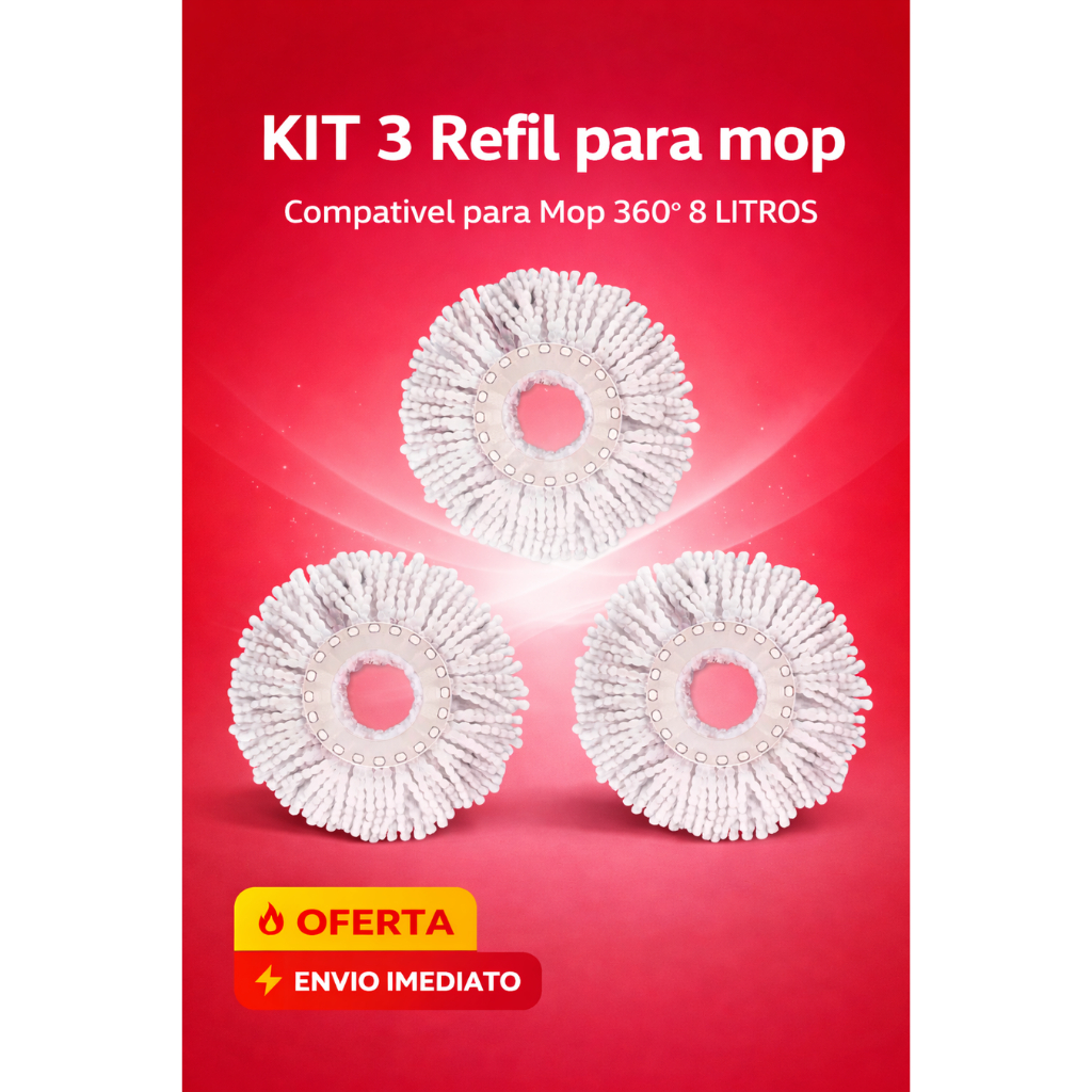 Refil Mop Giratório 360° Kit 3 Microfibra Esfregão Mop Spin Lavável Limpeza