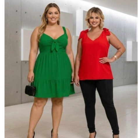Kit Elegância Plus Size: Vestido Feminino Plus Size  Midi Dunas + Blusa Plus Size com Laço Estilosa