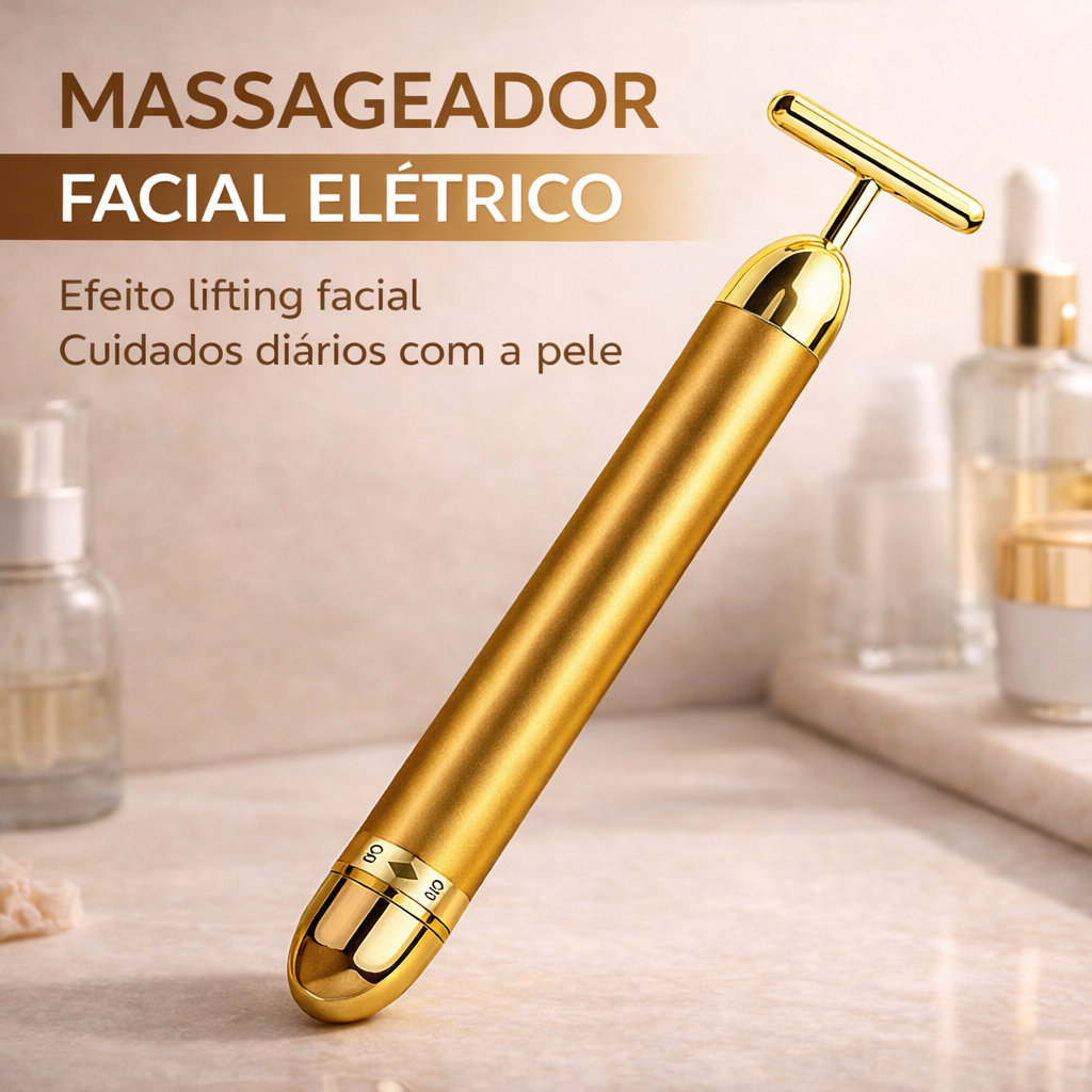 Massageador Facial Elétrico Anti Rugas Vibração Lifting Facial Skincare Portátil Dourado Compacto
