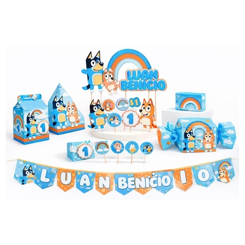 Kit Festa Bluey  Menino e Menina-lembrancinha bluey-Pegue e Monte Caixas + Topo de Bolo + Toppers