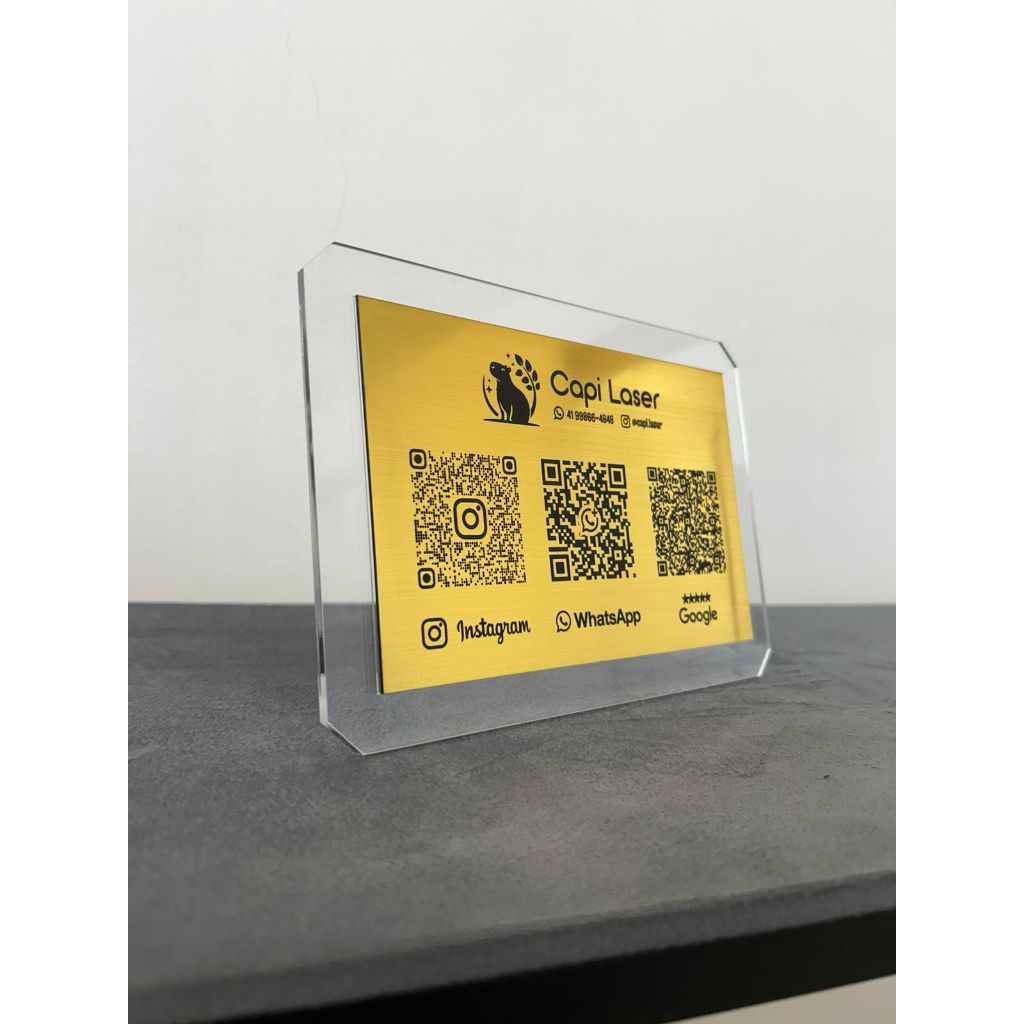 Placa Sinalização Personlizada Display 03 QRCode Pix Rede Sociais - Logo Personalizada acrilico Escovado Premium