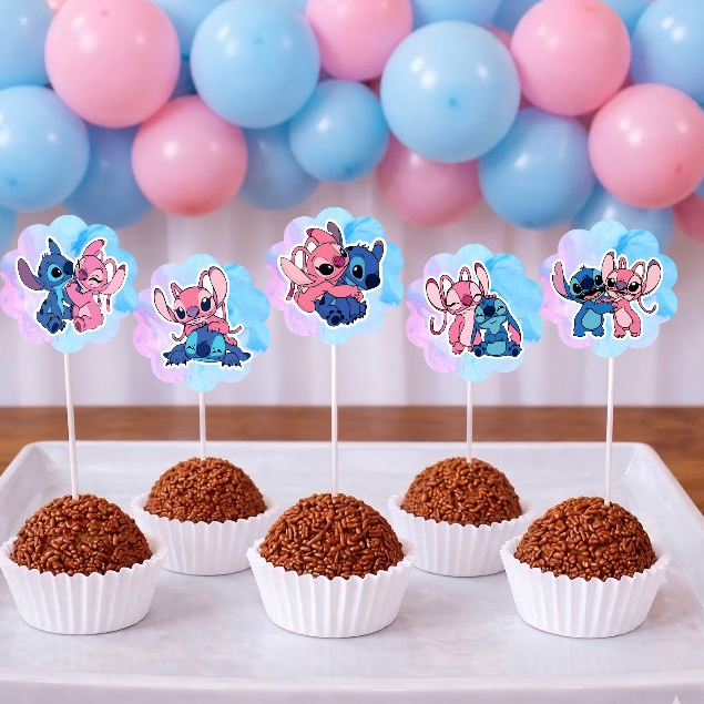 Topper de docinhos ou cupcake Stitch e Angel/tags  Stitch e Angel/ Festa  Stitch e Angel em Oferta na Shopee