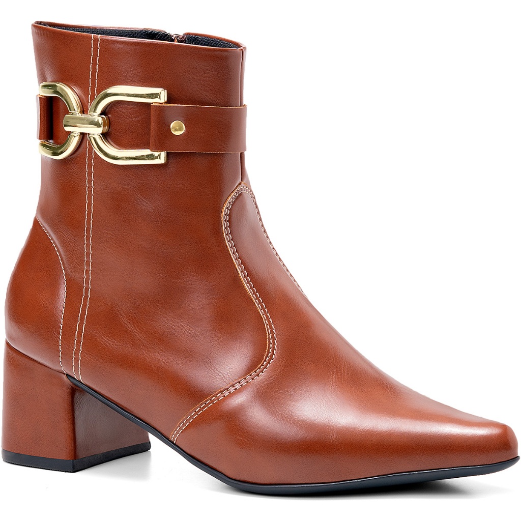 Bota Feminina Lumiss Cano Curto Salto Médio Bico Fino Fivela Dourada Caramelo