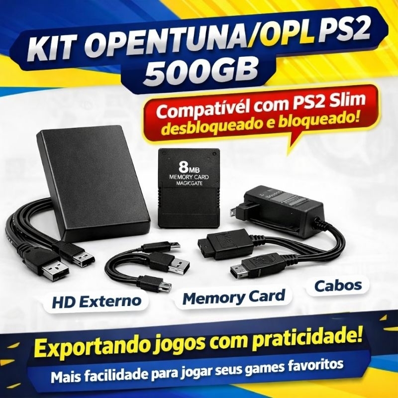 Kit Completo OPL / OpenTuna PS2 – Suporte a PS2 Slim (Bloqueado e Desbloqueado) + HD 500GB + Memory Card + Cabo