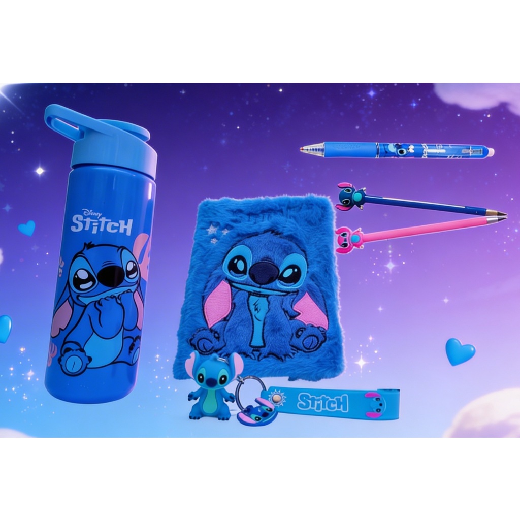 Kit Garrafa Stich Caderno De Pelúcia Stitch Papelaria Kawai