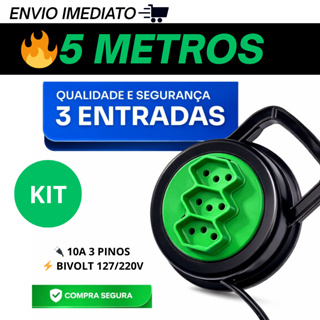 EXTENSÃO ELÉTRICA RETRÁTIL REDONDA 5 METROS 3 TOMADAS 10A BIVOLT 127V/220V CABO 2X0,75MM em Oferta na Shopee