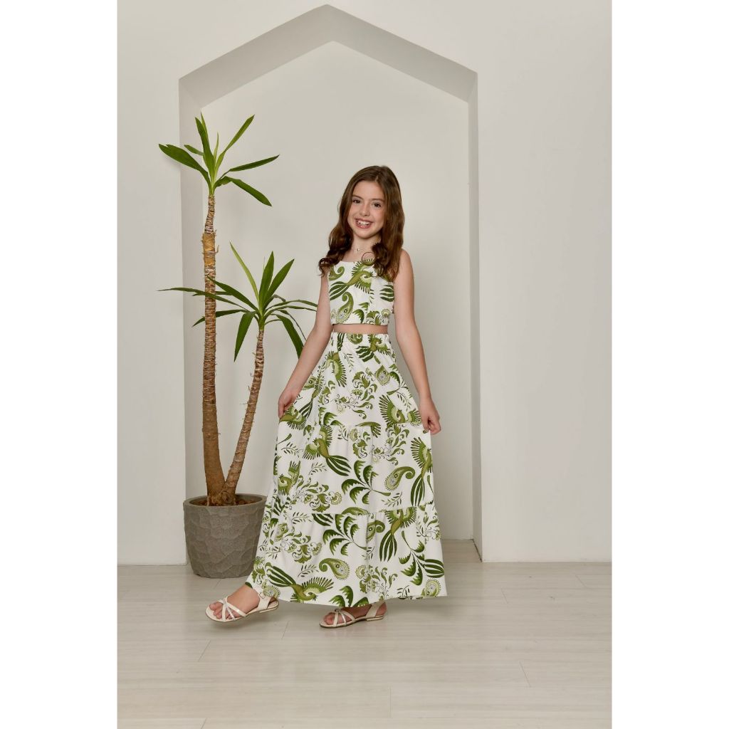 Conjunto Juvenil Cropped e Saia Midi Estampada Floral Feminino Delicado