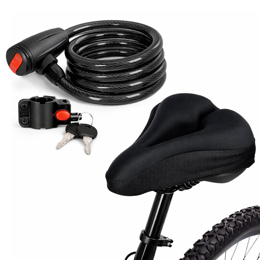 Kit Trava Cabo De Aço Cadeado Segurança Com Chave Bike  + Capa Banco Bike Ajustável Almofada Forro
