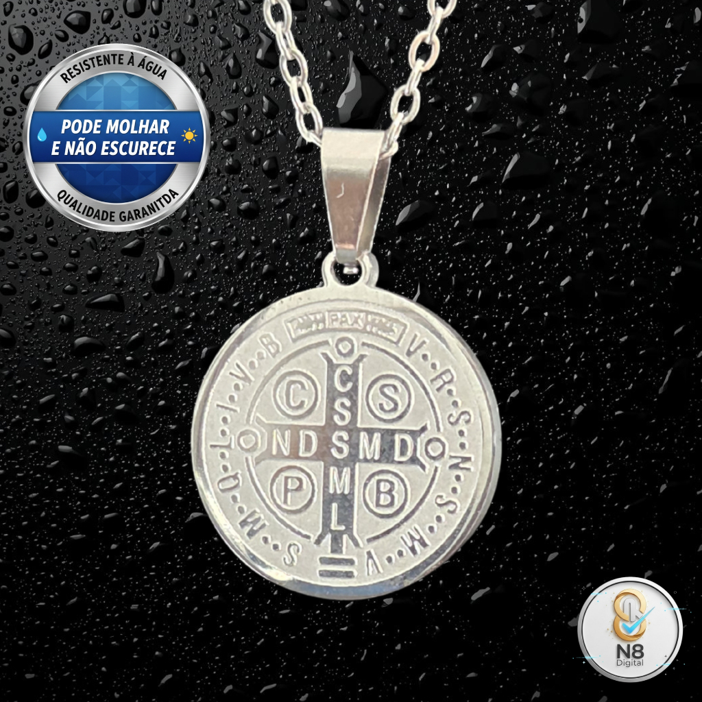 Corrente São Bento Aço Inox 50cm Pingente Medalha 1,5cm Não Escurece Pode Molhar Proteção Fé em Oferta na Shopee