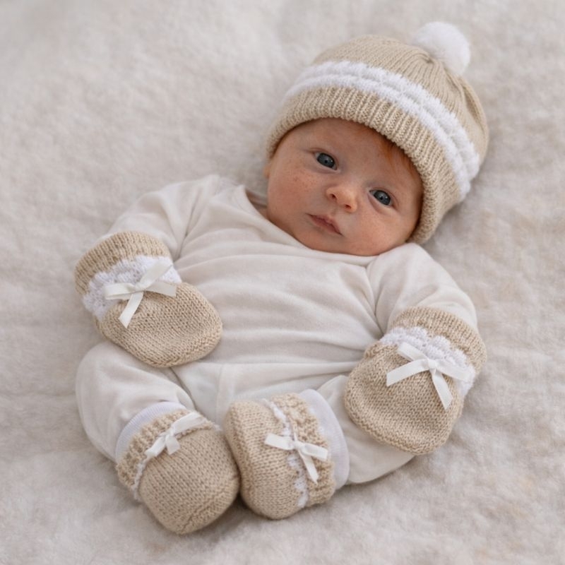 Kit Bebê 3 peças lã Gorro, Luva e Sapato Fita - Veste até os 3 meses em Oferta na Shopee