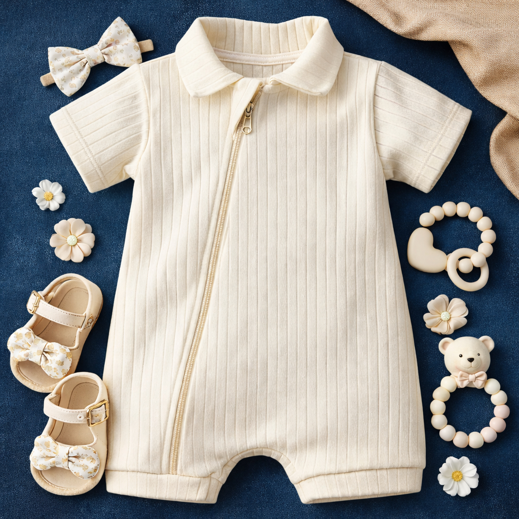 Macacão Bebê Suedine 100% Algodão Canelado com Zíper | Romper Bebê Confortável Verão Menino Menina em Oferta na Shopee