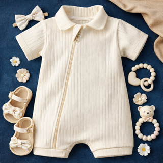 Macacão Bebê Suedine 100% Algodão Canelado com Zíper | Romper Bebê Confortável Verão Menino Menina em Oferta na Shopee