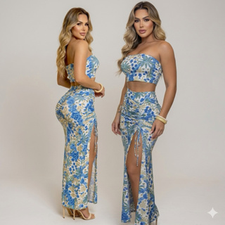 Conjunto Feminino Saia Longa Empina Levanta Bumbum Croped top Faixa Estampa Exclusiva Fenda em Oferta na Shopee