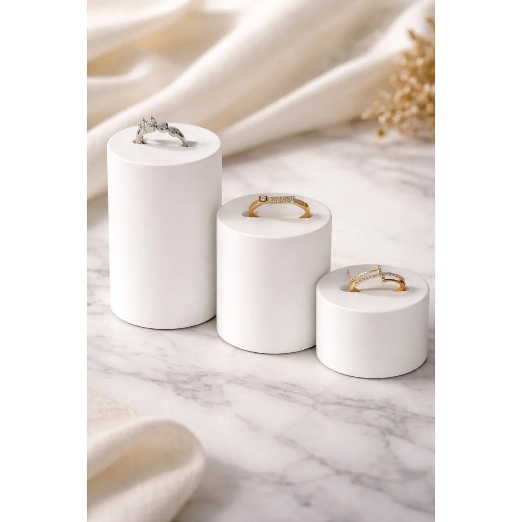 Expositor Anel Cilindro Branco 3 peças P M G Redondos Display Suporte Porta Joias Bijuterias