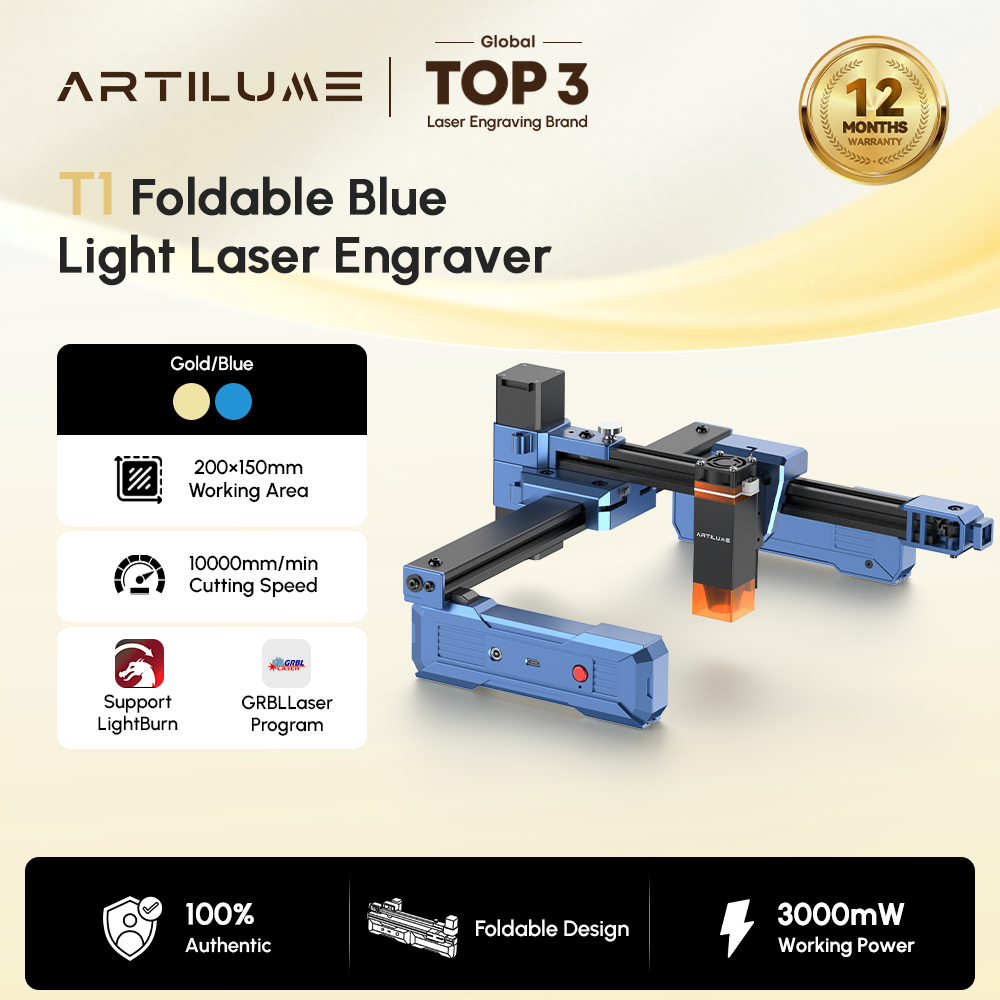 Artilume Gravador a Laser Dobrável T1, Máquina de Gravação Portátil de 3500mW com Precisão de 0,01mm, Ideal para DIY