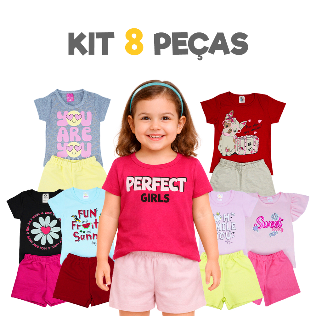 COMBO 8 PEÇAS MENINA CONJUNTOS VERÃO ROUPA ALGODÃO QUALIDADE em Oferta na Shopee