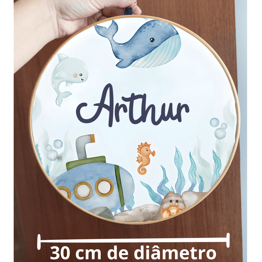 Porta Maternidade Fundo do Mar Menino Nome Personalizado Bastidor 30cm Quadro Bastidor Decoração Quarto de Bebê