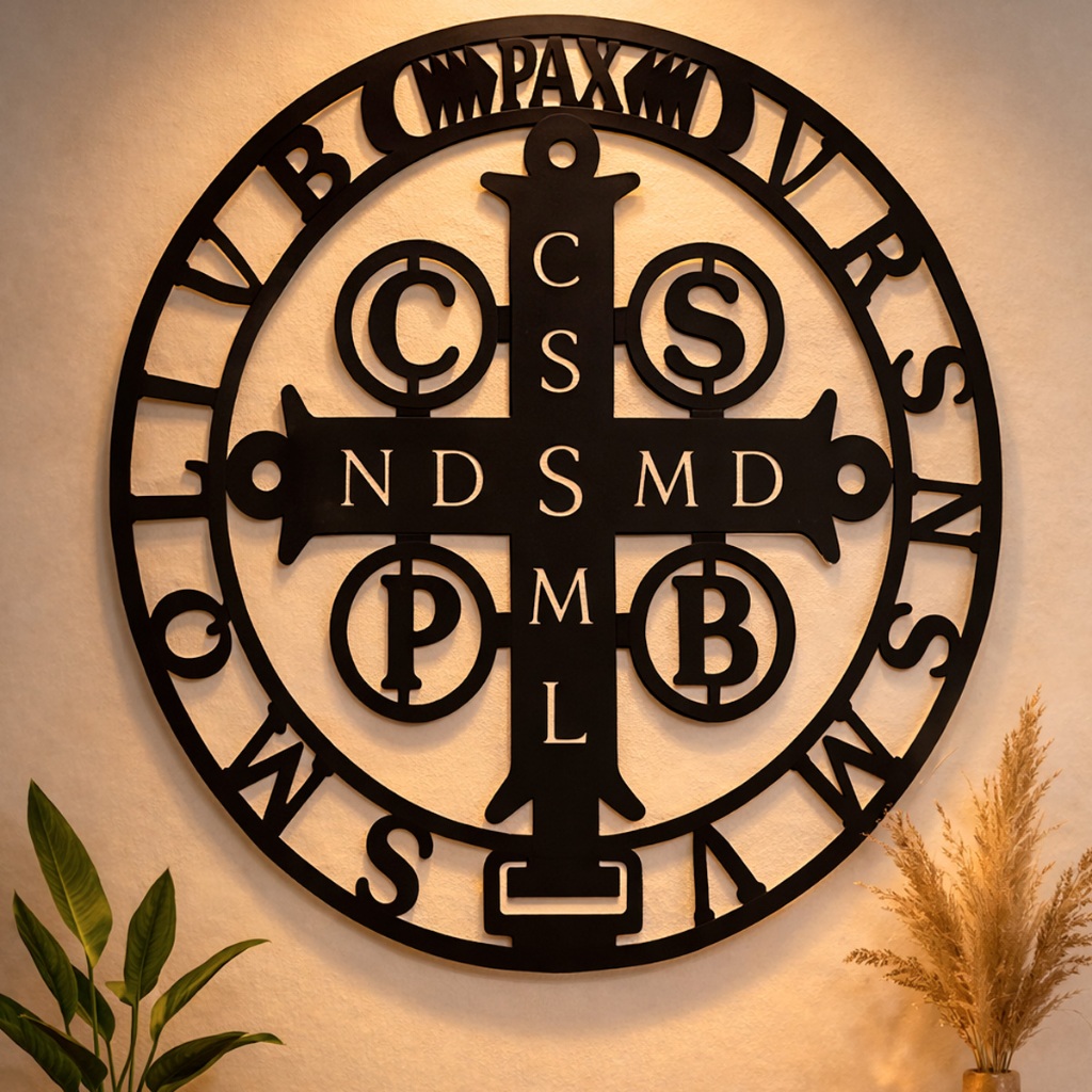 Quadro Religioso São Bento Mandala Decorativa Proteção Fé MDF Preto 30 cm Pronta Entrega Parede Católica