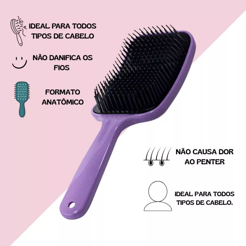 Escova Raquete Flex Curva Para Desembaraçar Cabelos Ondulados e Cacheados Finalização Mágica