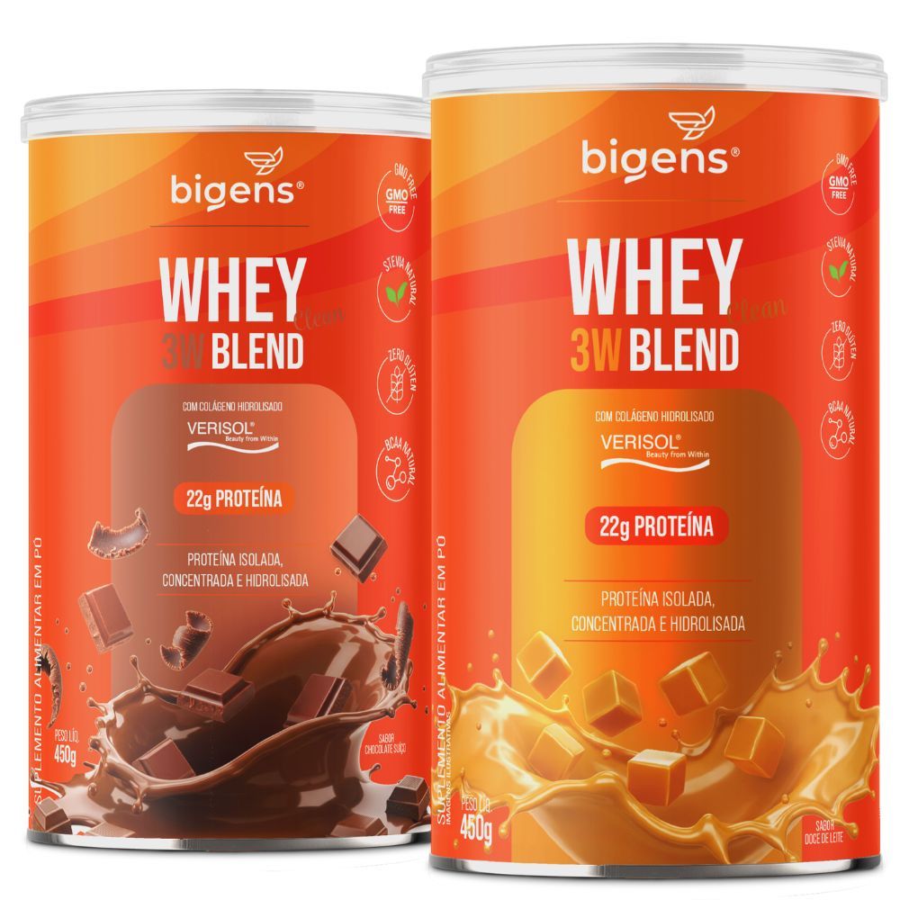 Kit 2x Whey Protein 3W Blend, Isolado, Concentrado e Hidrolisado, com Colágeno VERISOL, 450g (Chocolate e Doce de leite)