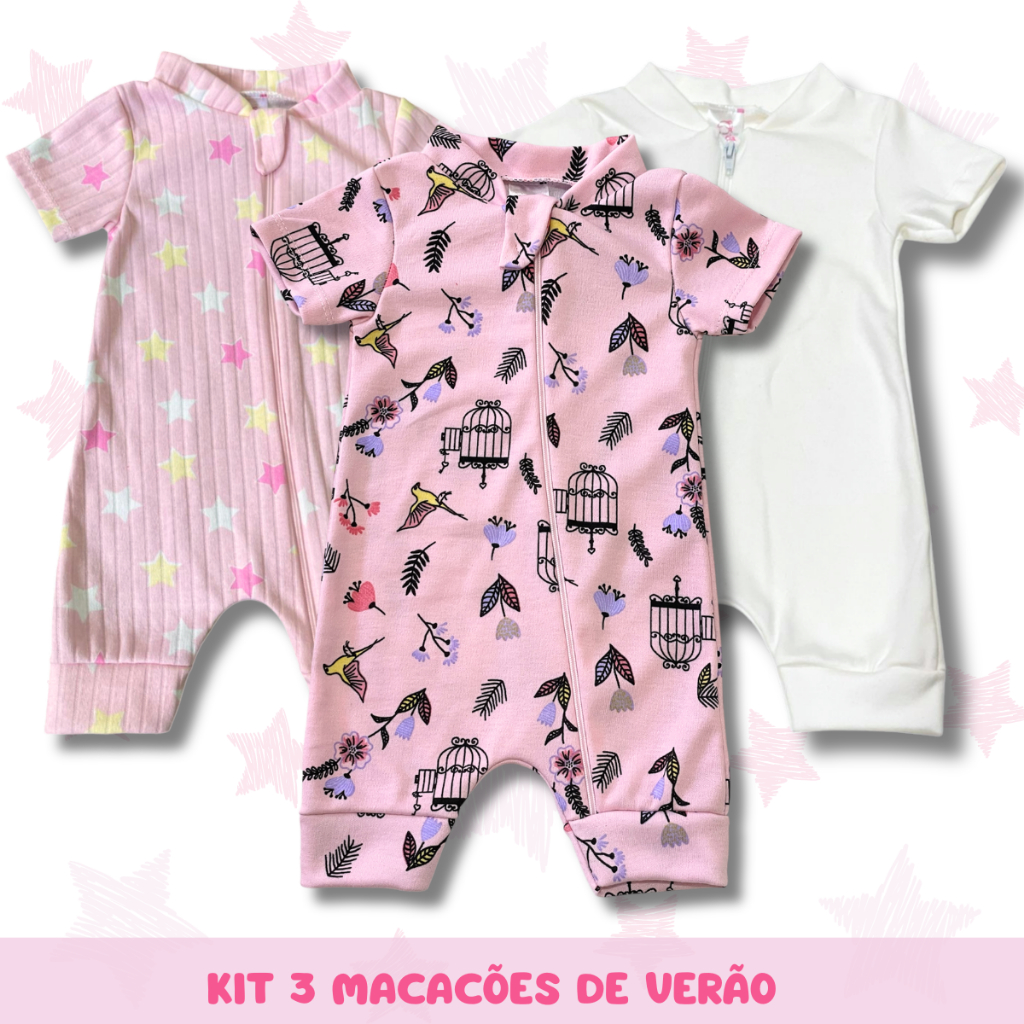 Kit 3 Macacão De Verão Bebe Menina Algodão Passeio Curto