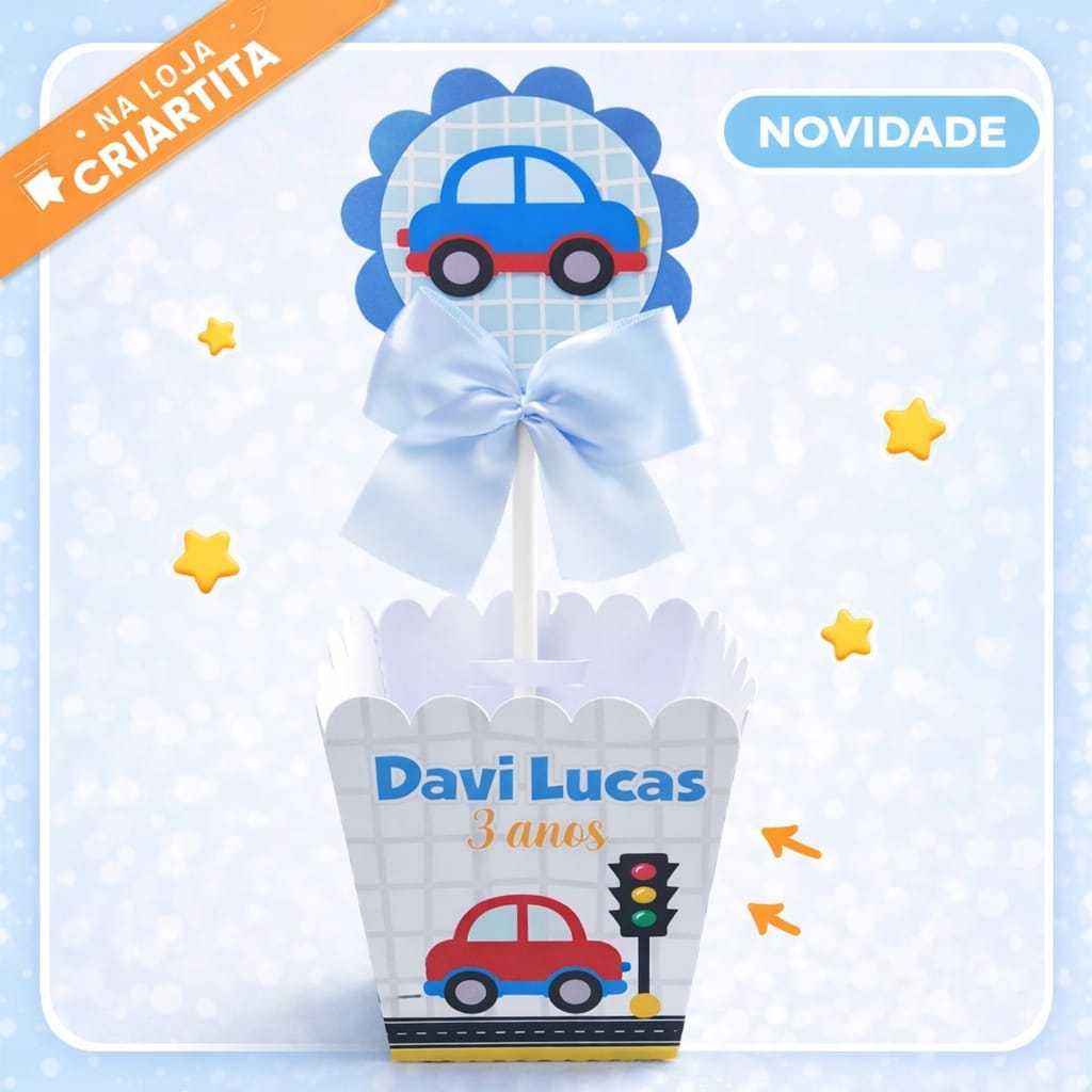 Centro de Mesa Cachepô Carrinhos Pegue e Monte Lembrançinhas Decoração Personalizado festa aniversário mêsversário