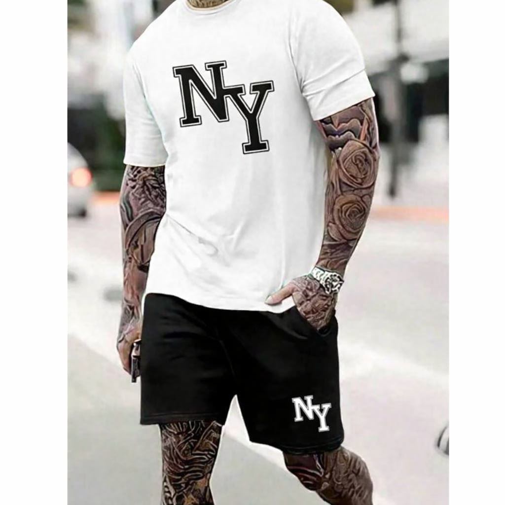 Kit Camiseta + Bermuda NY GRANDE Lançamento Confortavel Básico Leve Primavera Verão Masculino